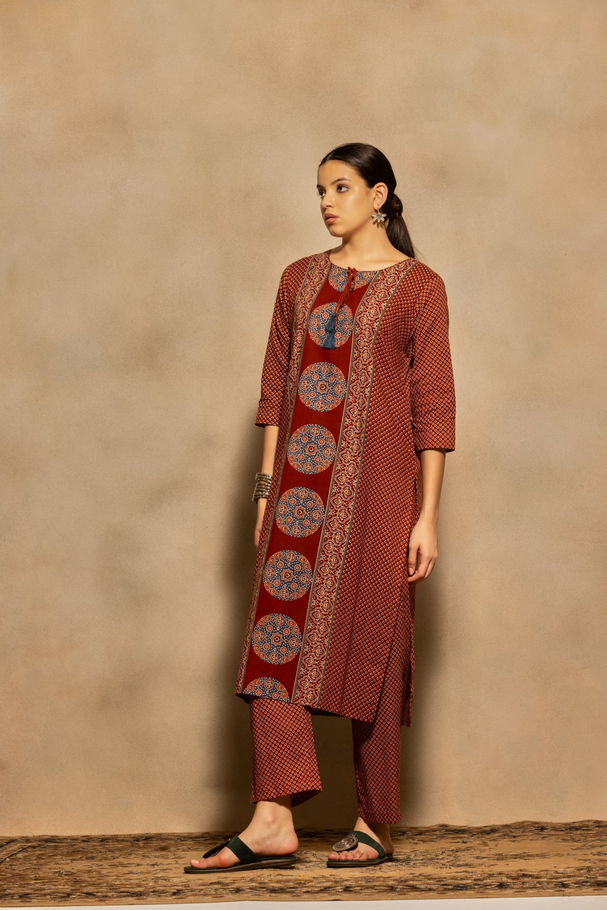 Rust Block Printed Kurta 3 Pcs Set