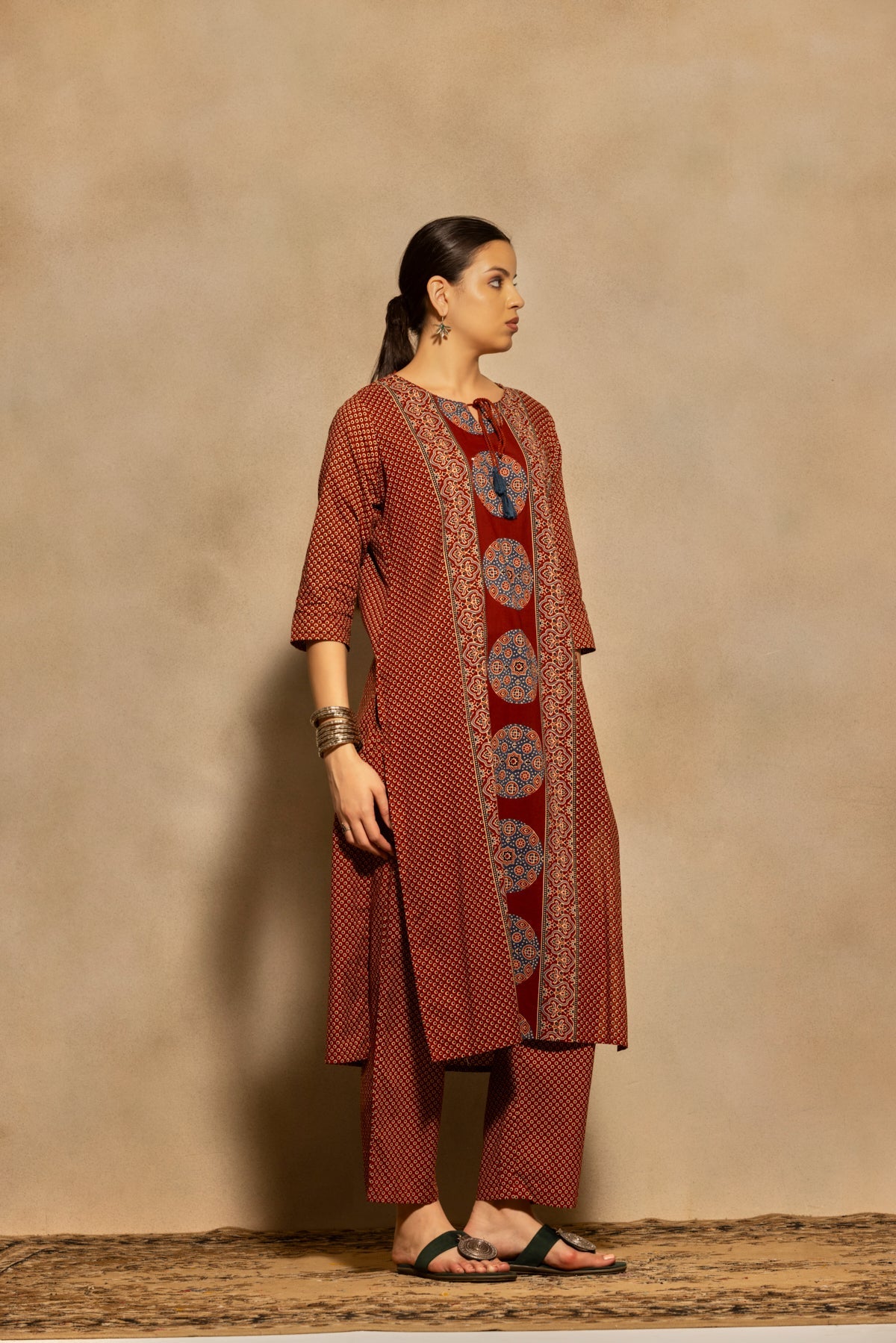 Rust Block Printed Kurta 3 Pcs Set