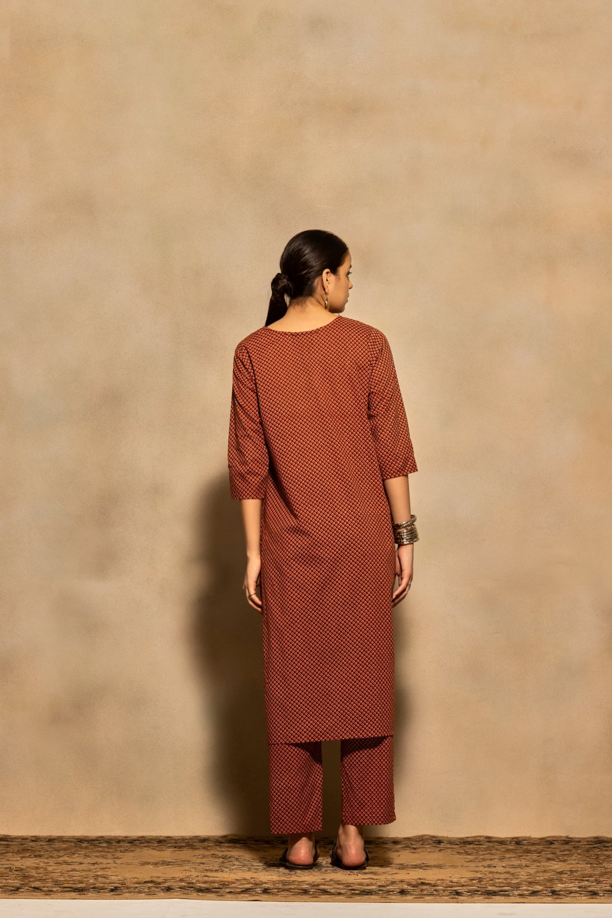 Rust Block Printed Kurta 3 Pcs Set