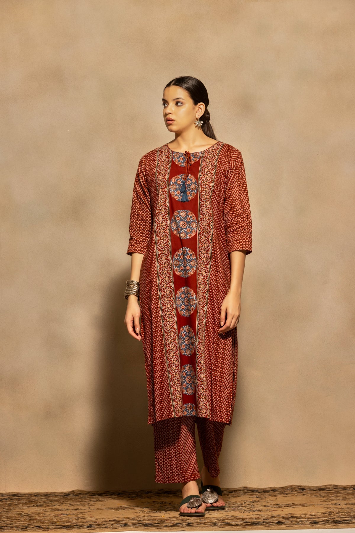 Rust Block Printed Kurta 3 Pcs Set