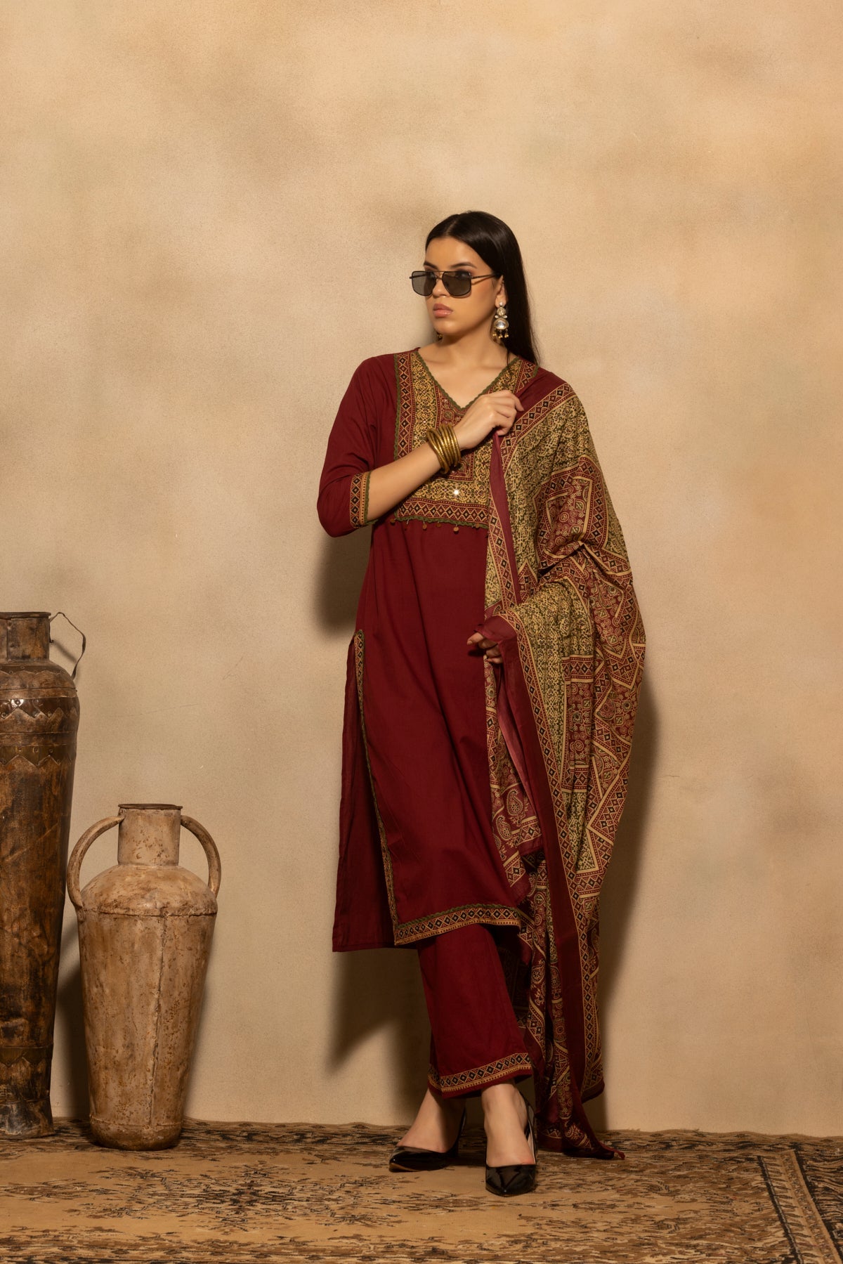 Maroon Block Printed Kurta 3 Pcs Set