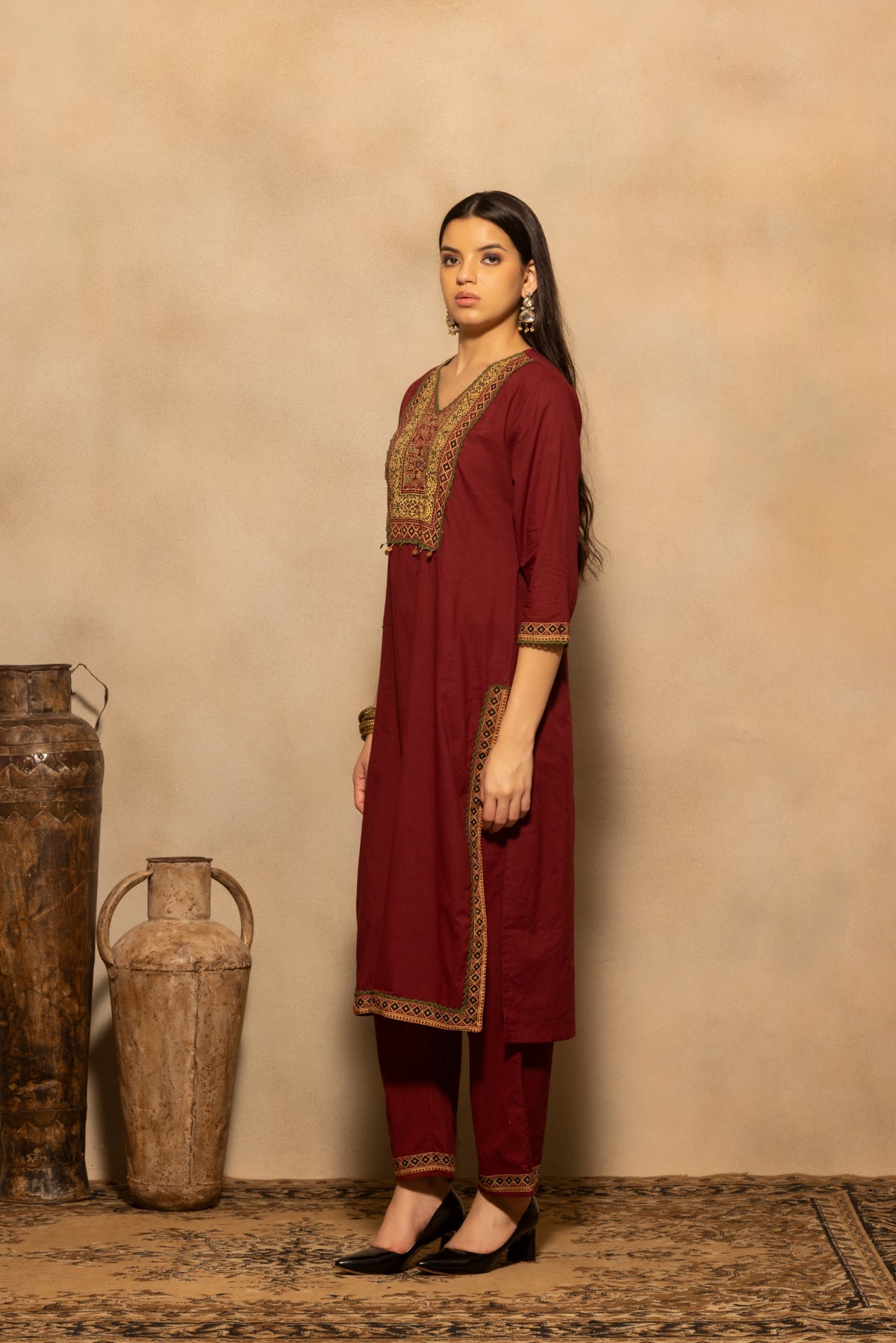 Maroon Block Printed Kurta 3 Pcs Set