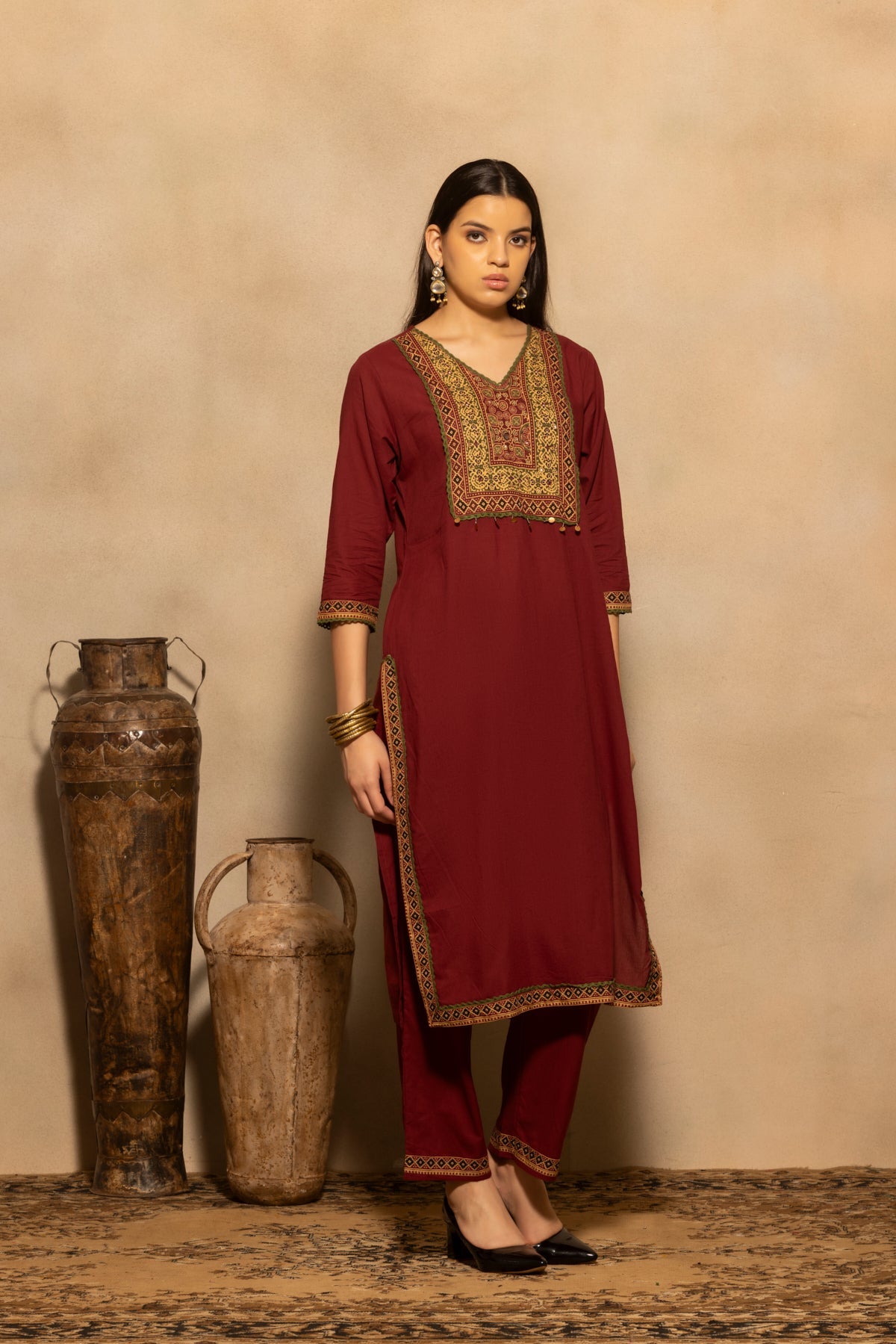 Maroon Block Printed Kurta 3 Pcs Set