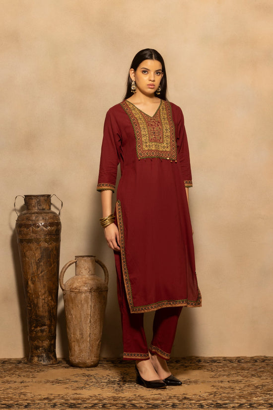 Maroon Block Printed Kurta 3 Pcs Set