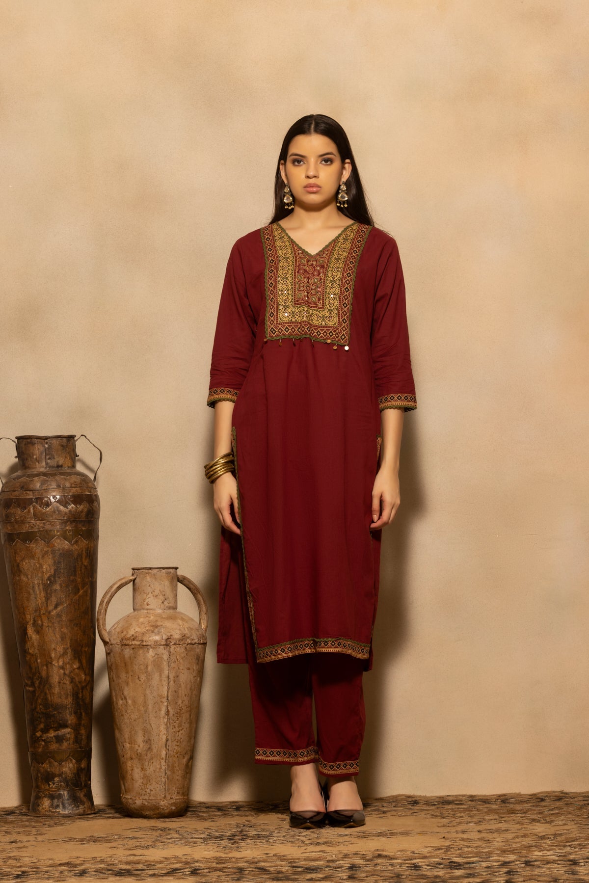 Maroon Block Printed Kurta 3 Pcs Set