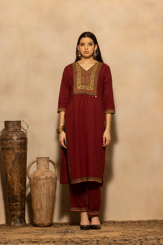 Maroon Block Printed Kurta 3 Pcs Set
