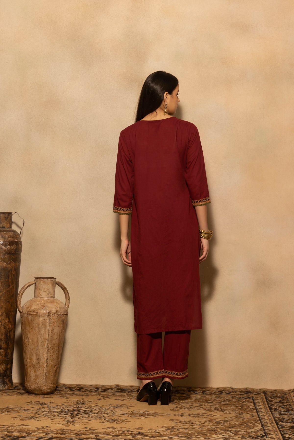 Maroon Block Printed Kurta 3 Pcs Set