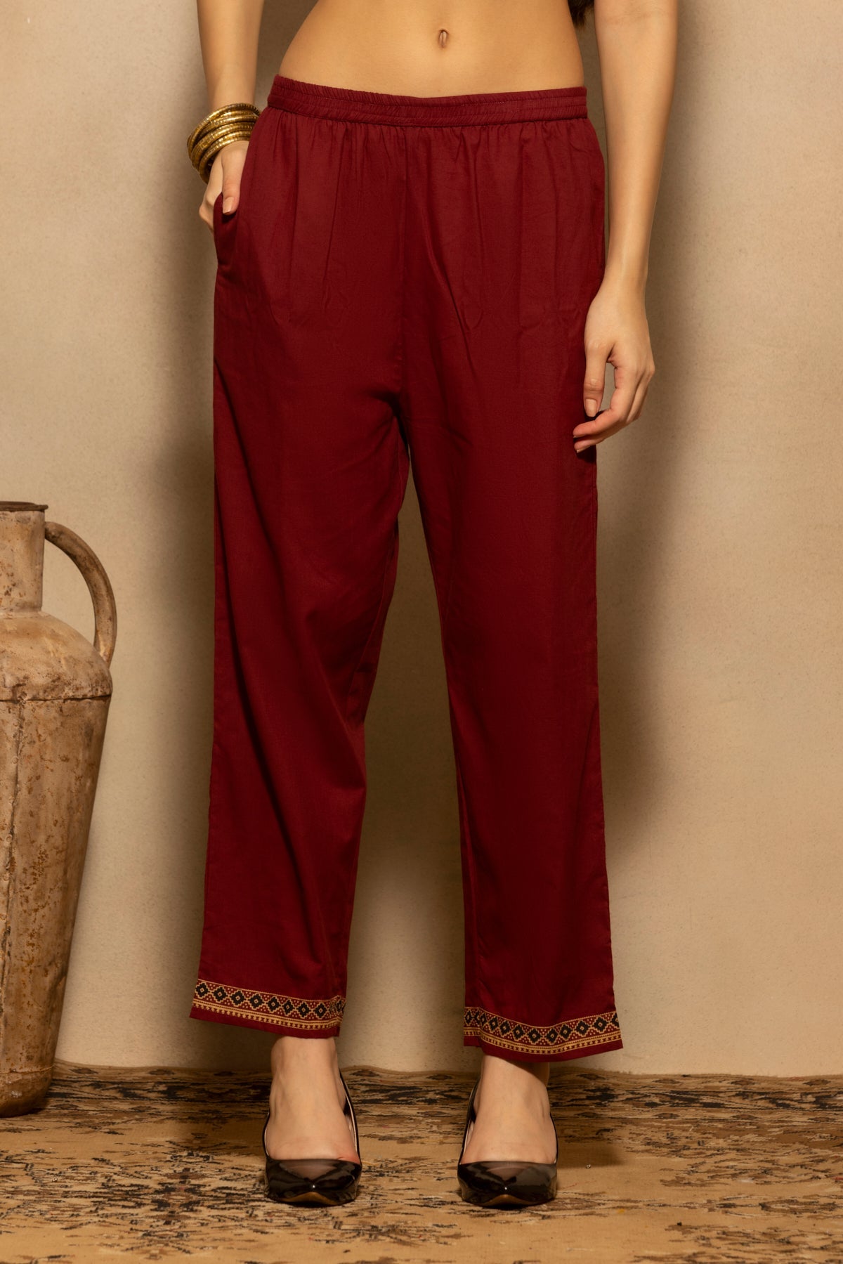 Maroon Block Printed Kurta 3 Pcs Set
