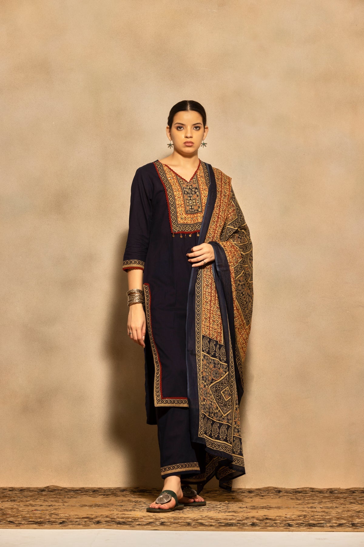 Navy Blue Block Printed Kurta 3 Pcs Set