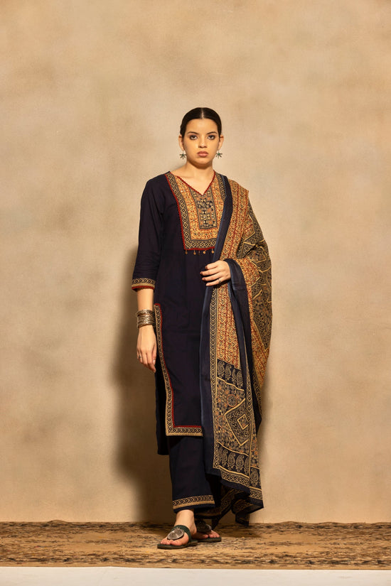 Navy Blue Block Printed Kurta 3 Pcs Set
