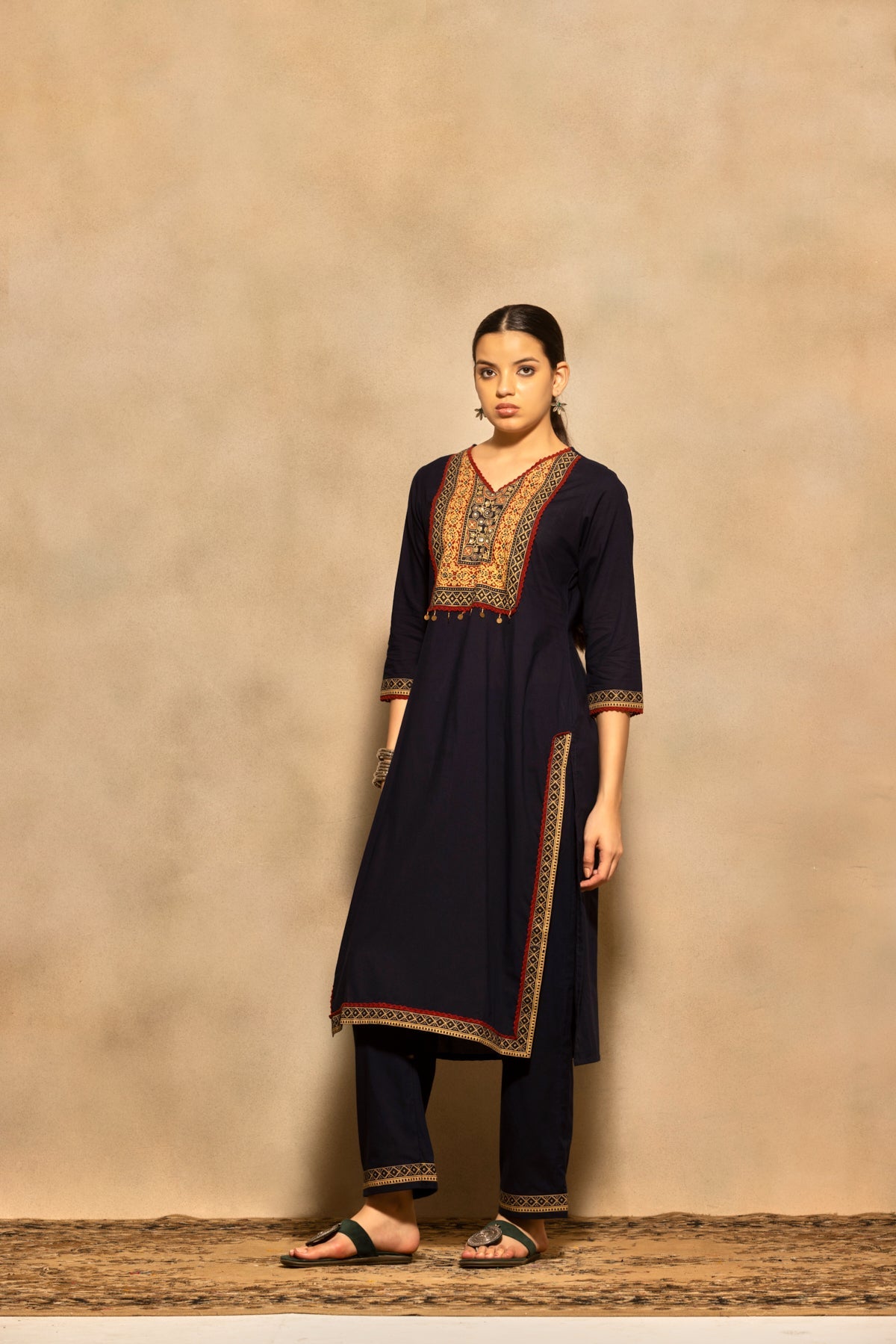 Navy Blue Block Printed Kurta 3 Pcs Set