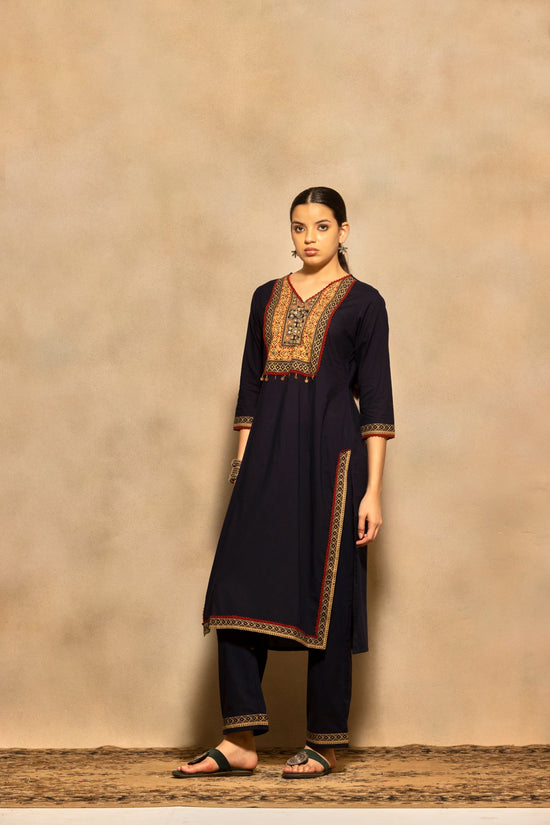 Navy Blue Block Printed Kurta 3 Pcs Set