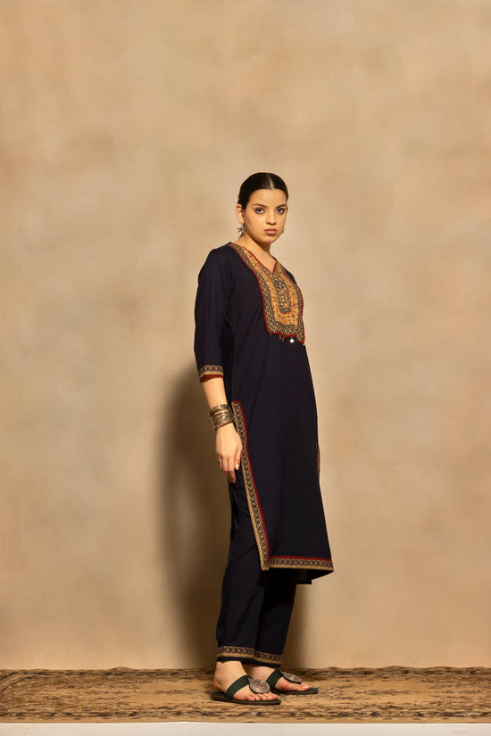 Navy Blue Block Printed Kurta 3 Pcs Set