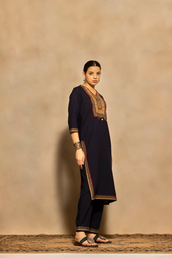 Navy Blue Block Printed Kurta 3 Pcs Set