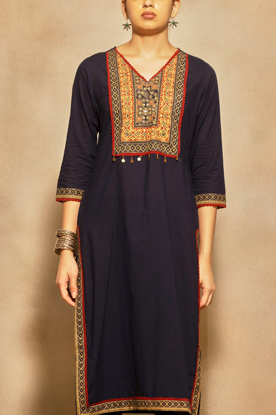 Navy Blue Block Printed Kurta 3 Pcs Set