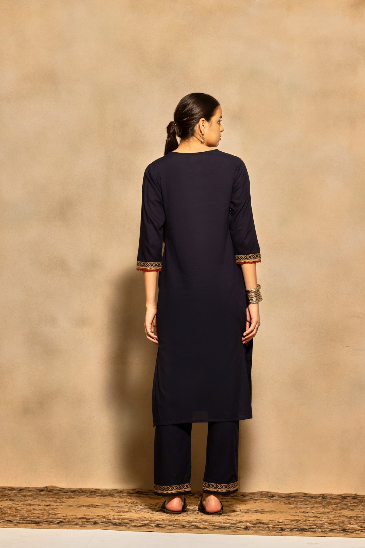 Navy Blue Block Printed Kurta 3 Pcs Set