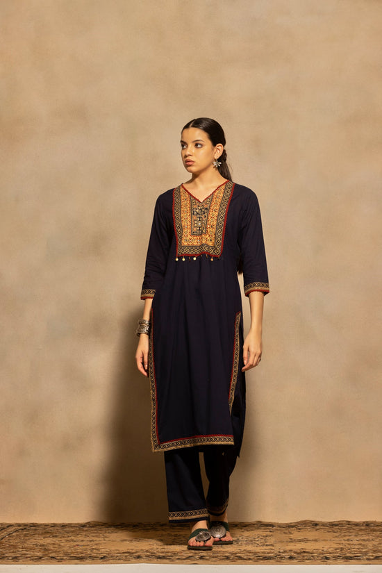 Navy Blue Block Printed Kurta 3 Pcs Set