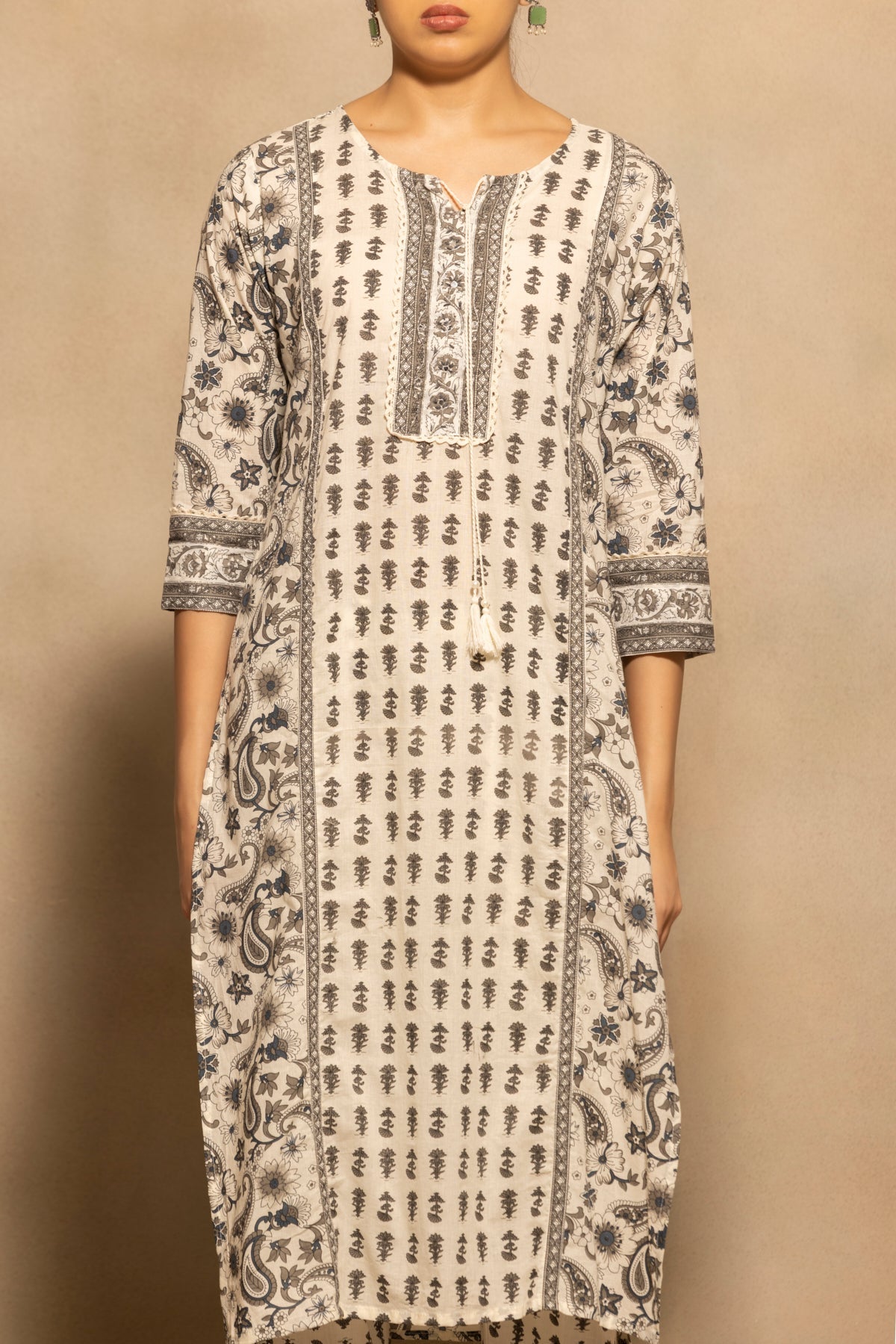 Cream Printed Kurta 3 Pcs Set