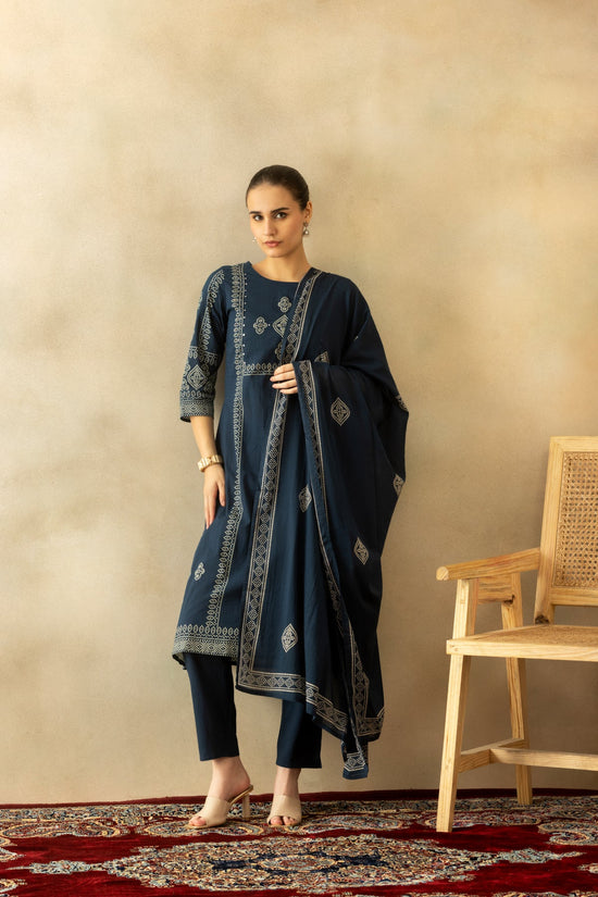 Blue Bandhani Printed A-line Kurta 3 Pcs Set