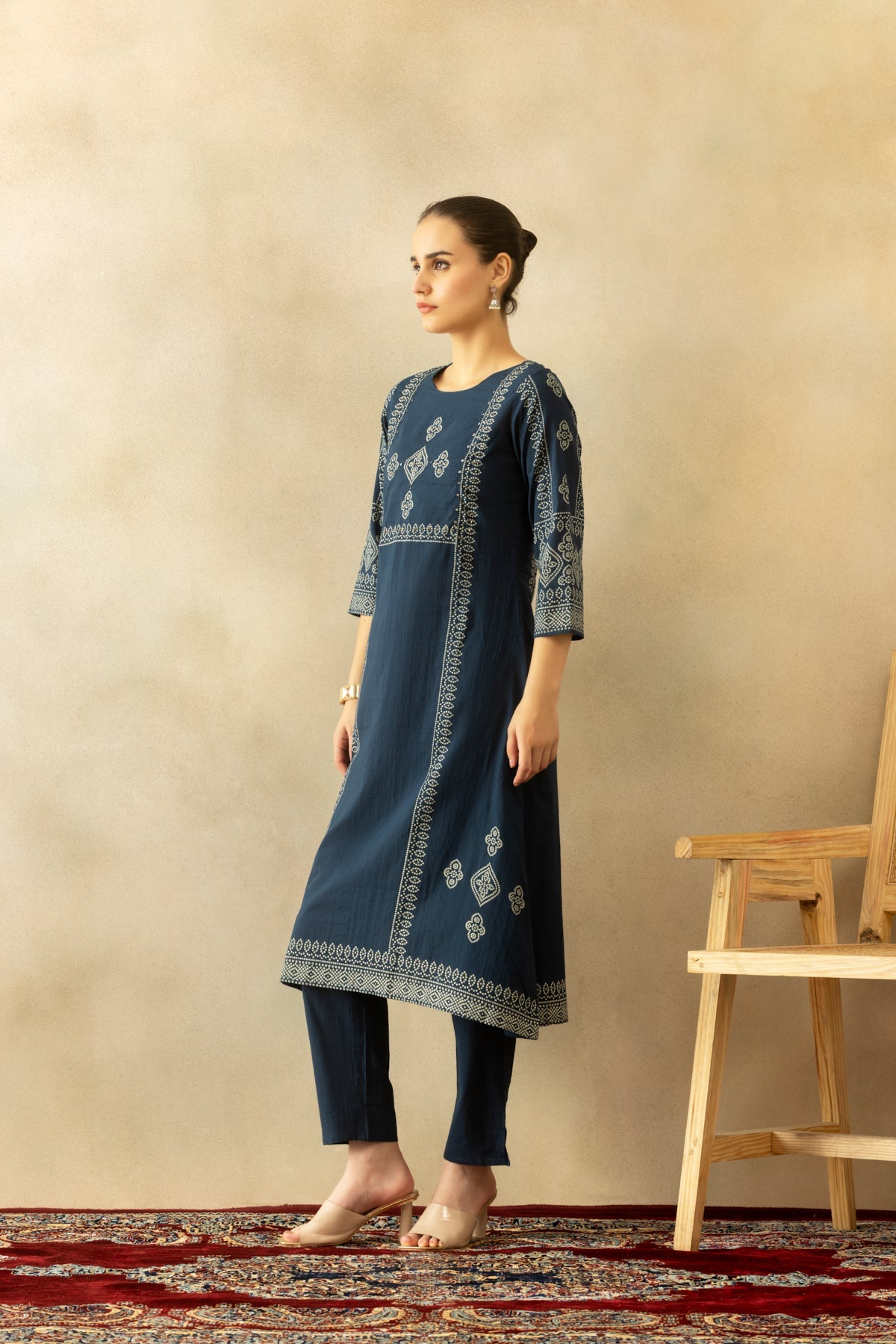 Blue Bandhani Printed A-line Kurta 3 Pcs Set