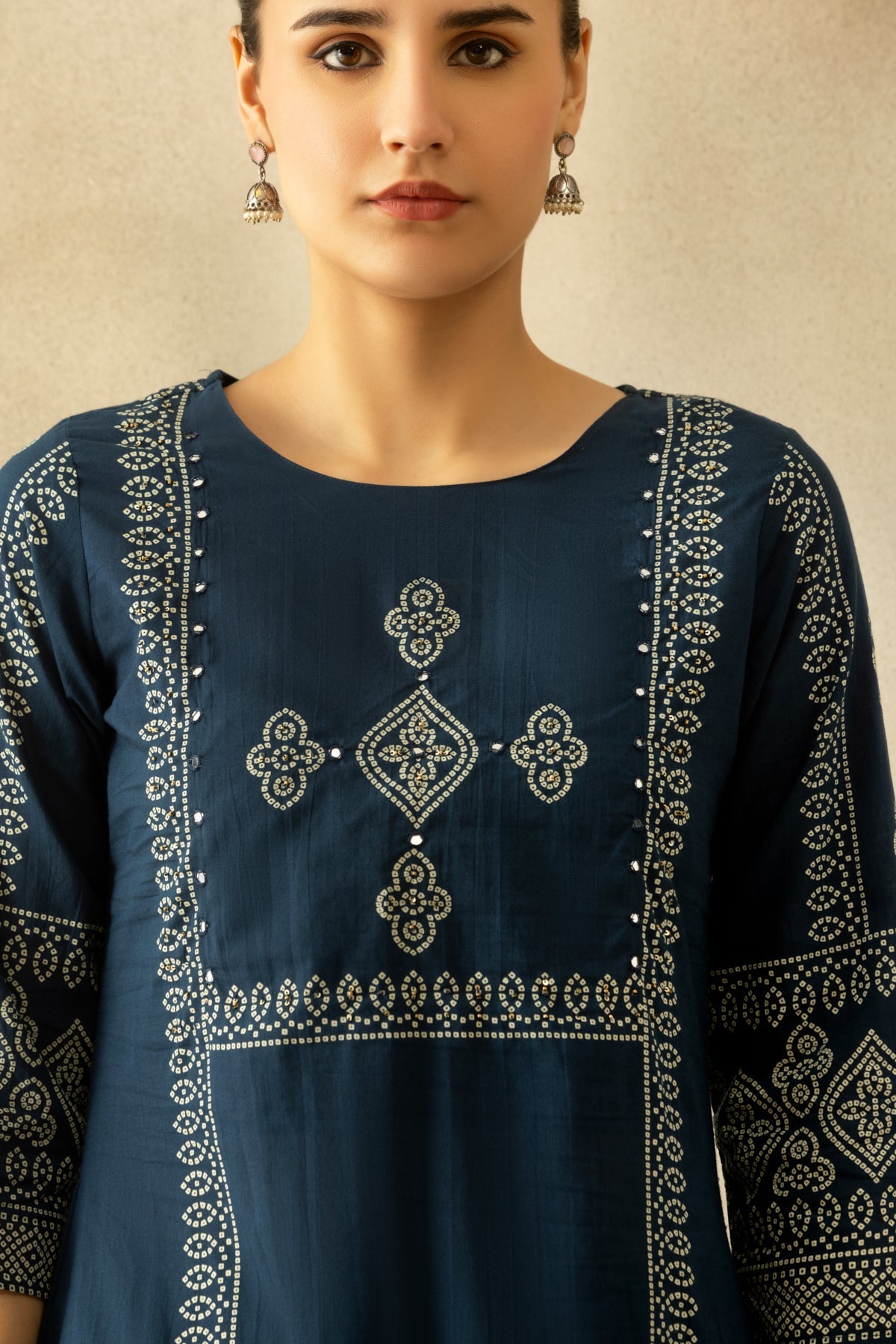 Blue Bandhani Printed A-line Kurta 3 Pcs Set