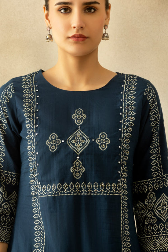 Blue Bandhani Printed A-line Kurta 3 Pcs Set