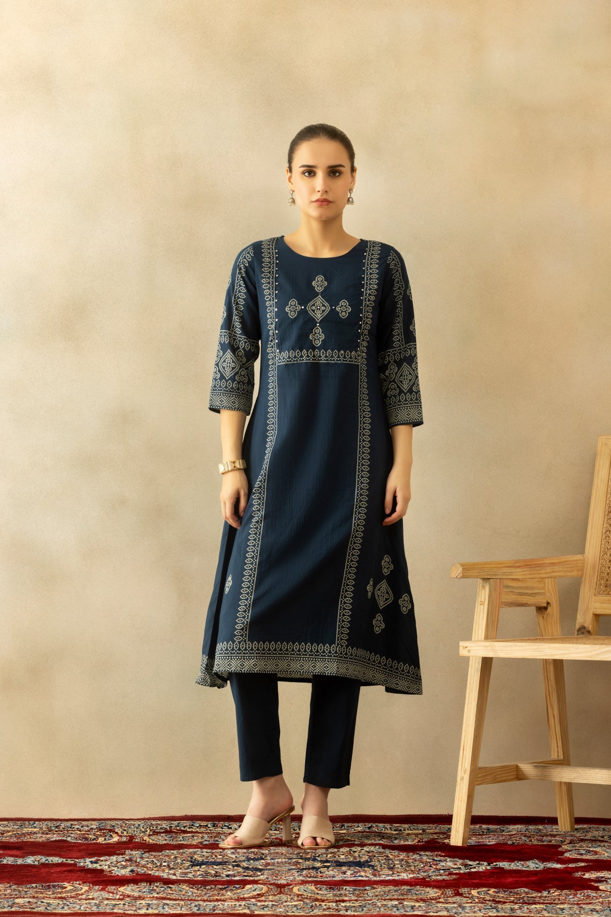 Blue Bandhani Printed A-line Kurta 3 Pcs Set