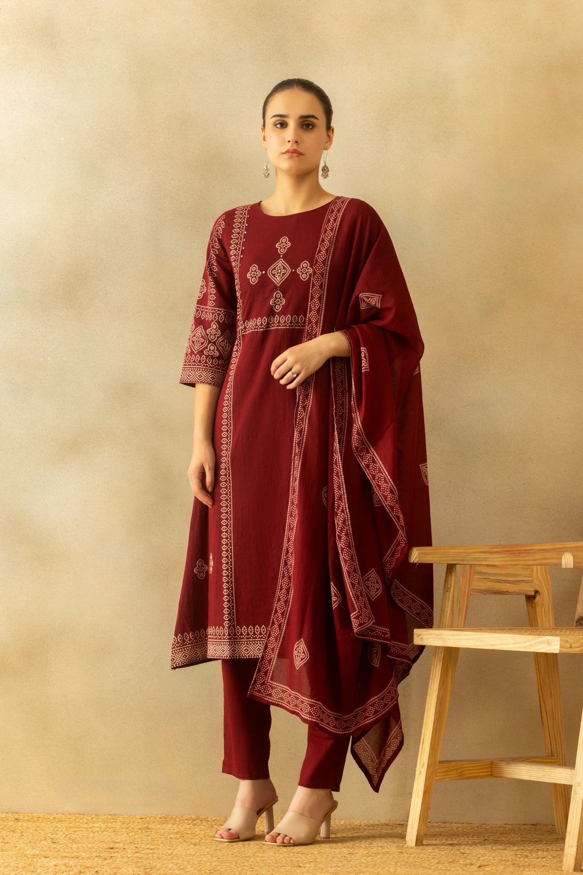 Maroon Bandhani Printed A-line Kurta 3 Pcs Set