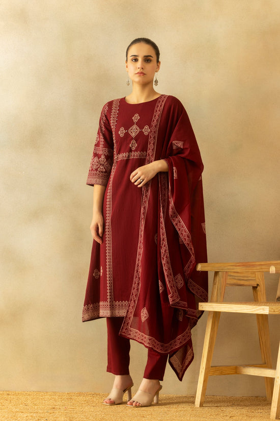 Maroon Bandhani Printed A-line Kurta 3 Pcs Set