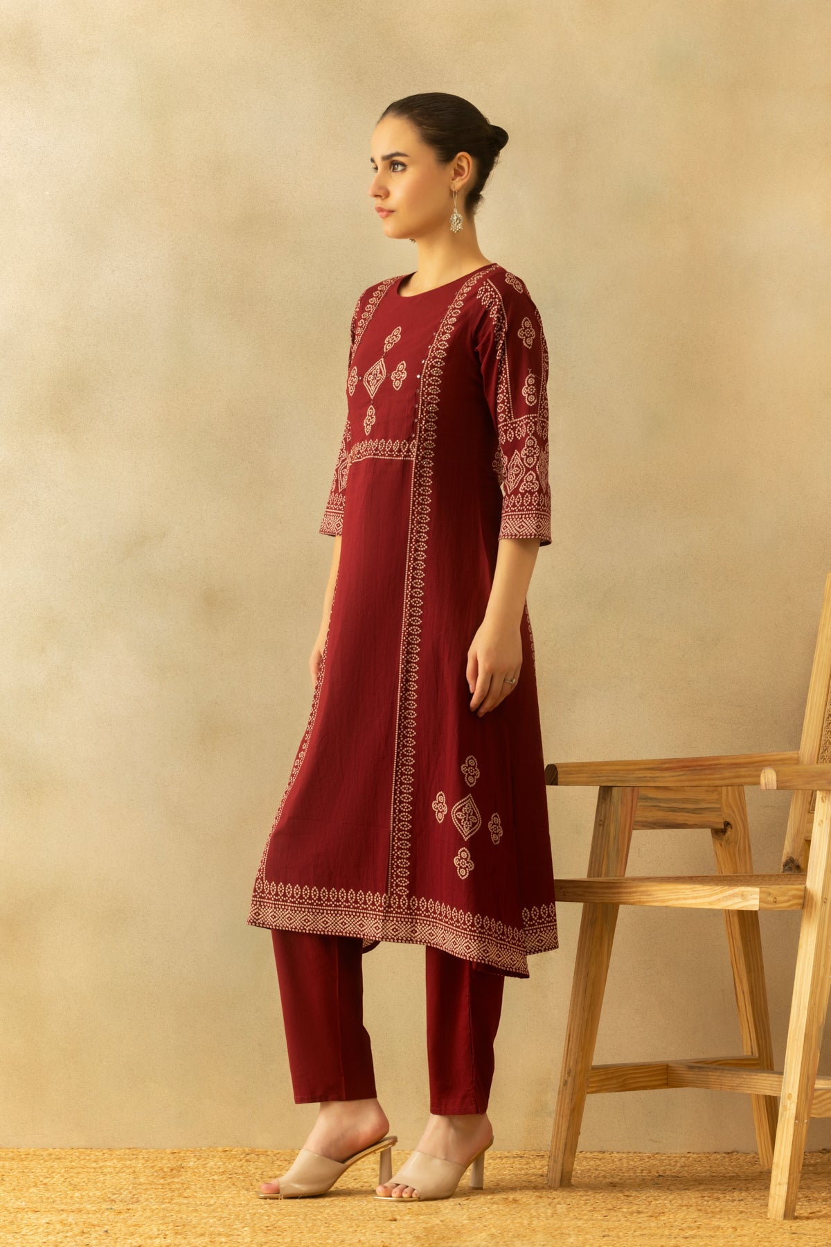 Maroon Bandhani Printed A-line Kurta 3 Pcs Set