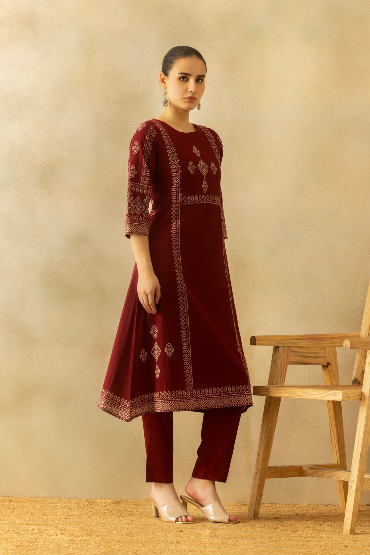 Maroon Bandhani Printed A-line Kurta 3 Pcs Set