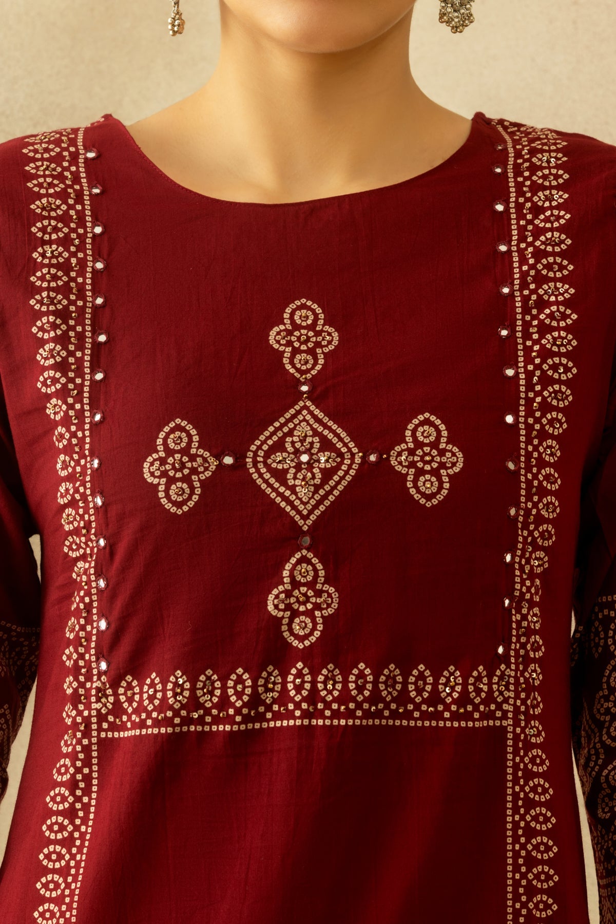 Maroon Bandhani Printed A-line Kurta 3 Pcs Set