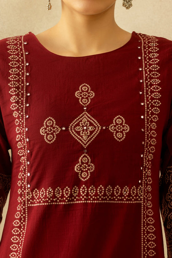 Maroon Bandhani Printed A-line Kurta 3 Pcs Set