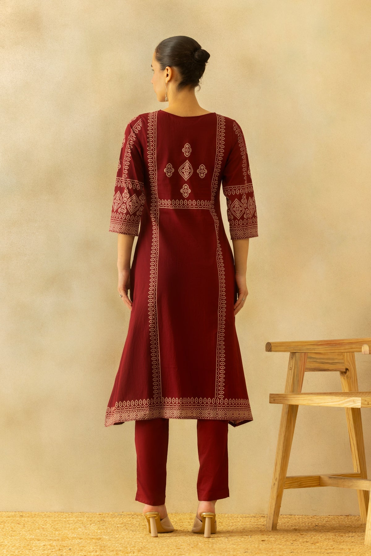 Maroon Bandhani Printed A-line Kurta 3 Pcs Set
