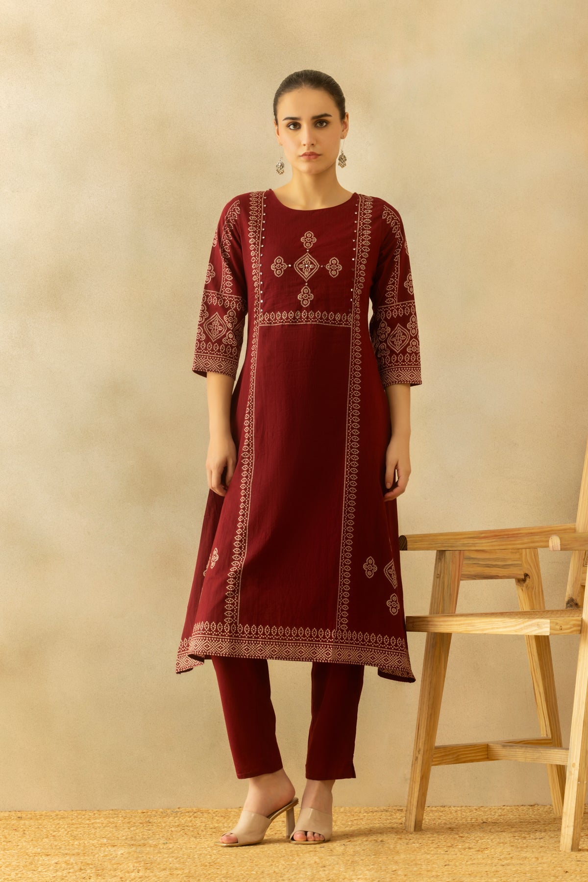 Maroon Bandhani Printed A-line Kurta 3 Pcs Set