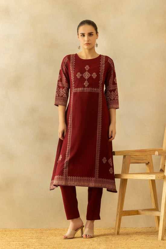 Maroon Bandhani Printed A-line Kurta 3 Pcs Set