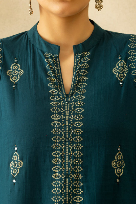 Teal Bandhani Printed A-line Kurta 3 Pcs Set
