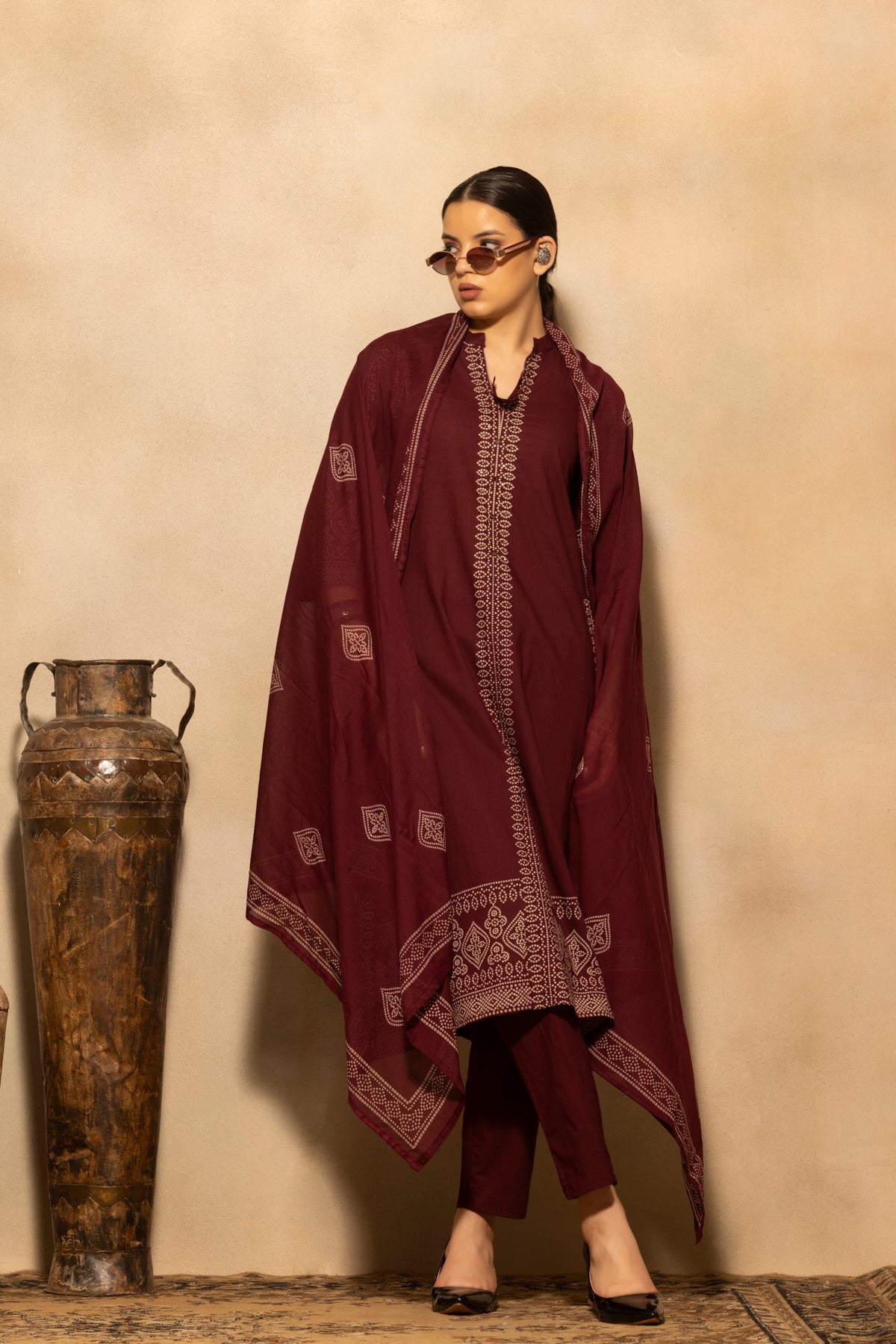Maroon Bandhani Printed A-line Kurta 3 Pcs Set