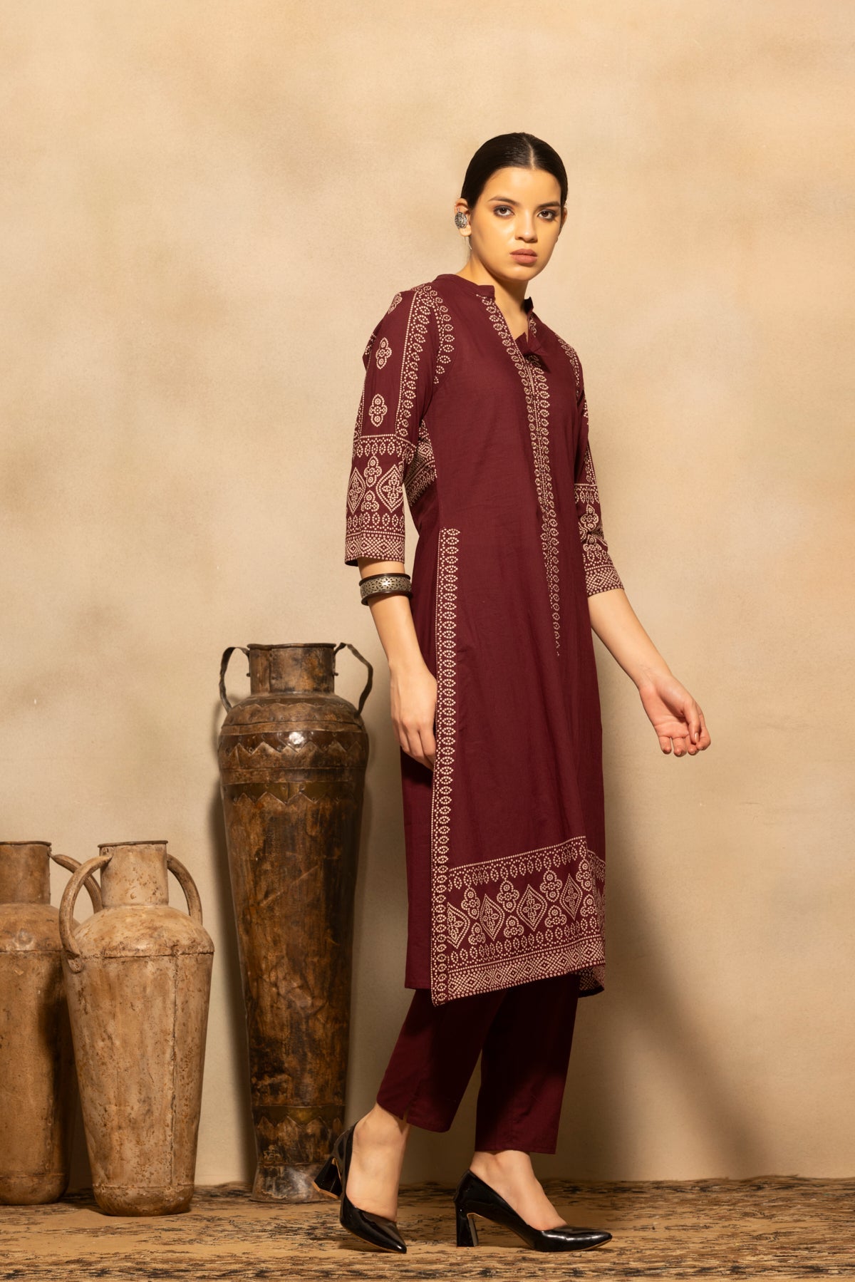 Maroon Bandhani Printed A-line Kurta 3 Pcs Set