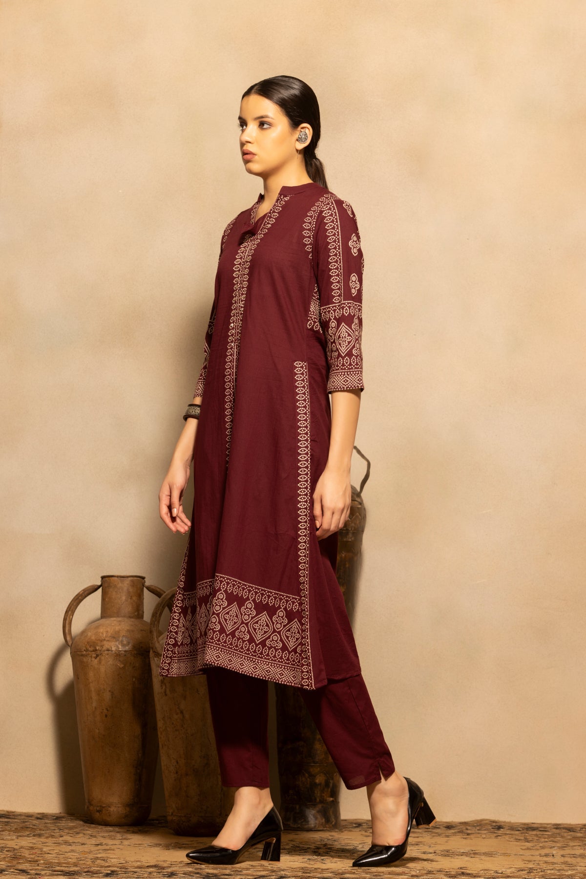 Maroon Bandhani Printed A-line Kurta 3 Pcs Set