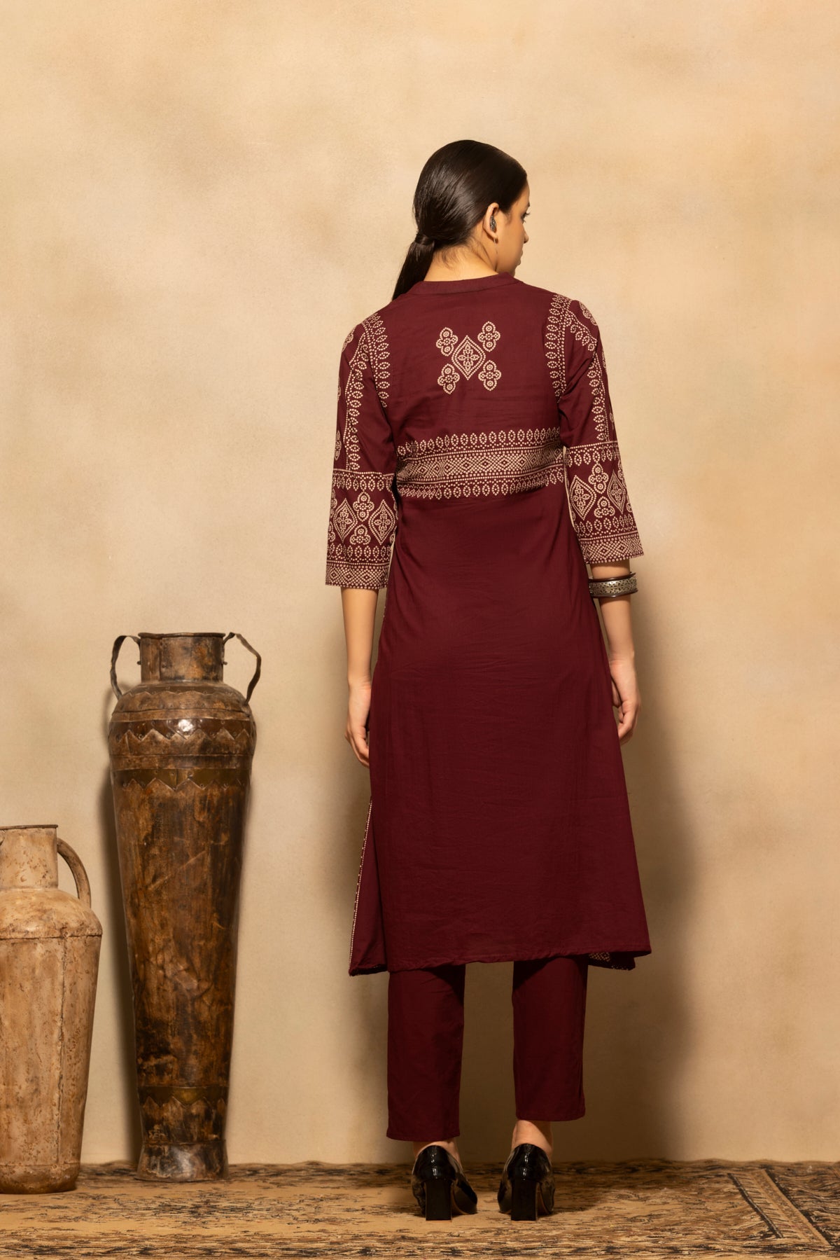Maroon Bandhani Printed A-line Kurta 3 Pcs Set