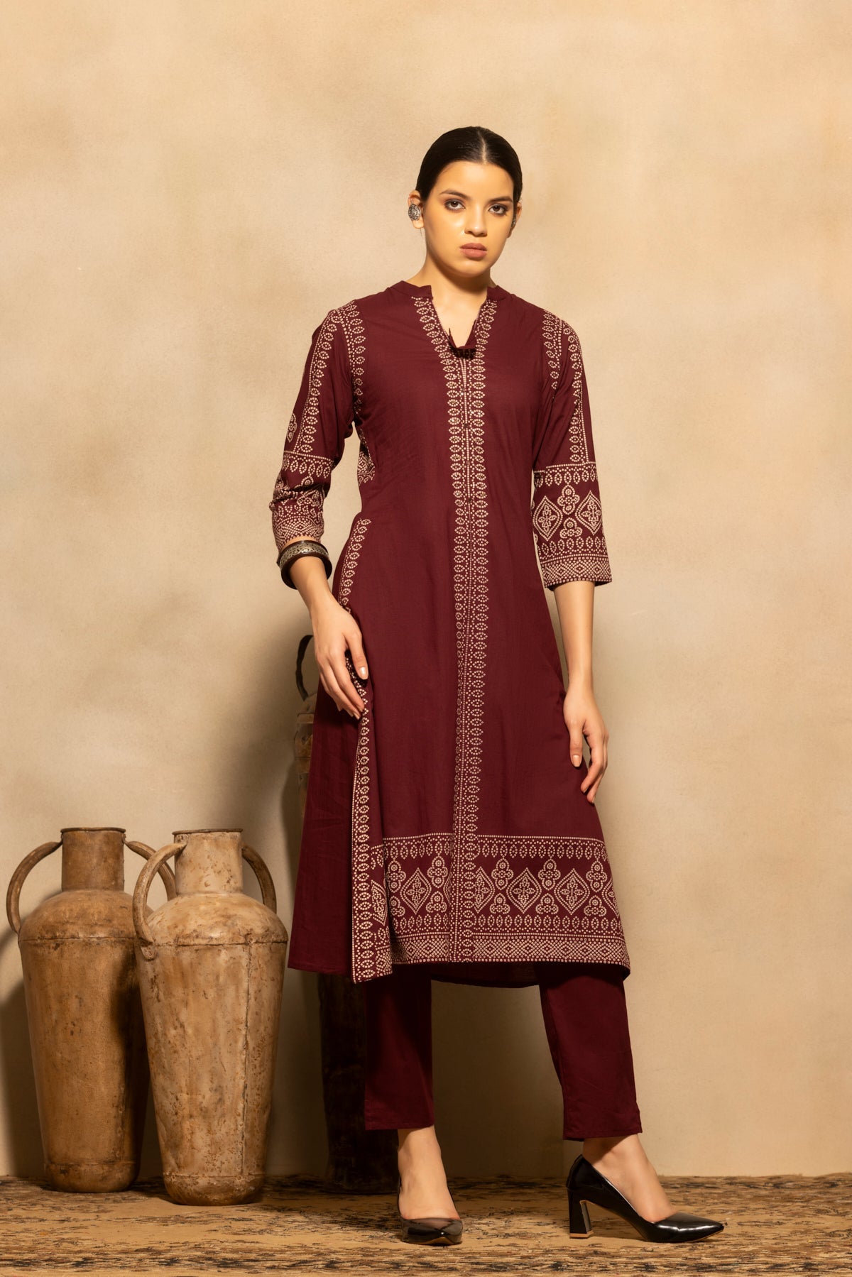 Maroon Bandhani Printed A-line Kurta 3 Pcs Set