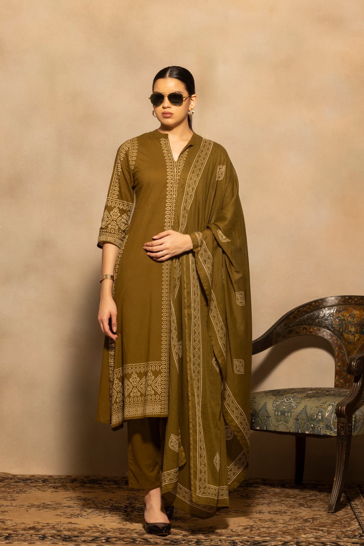 Green Bandhani Printed A-line Kurta 3 Pcs Set