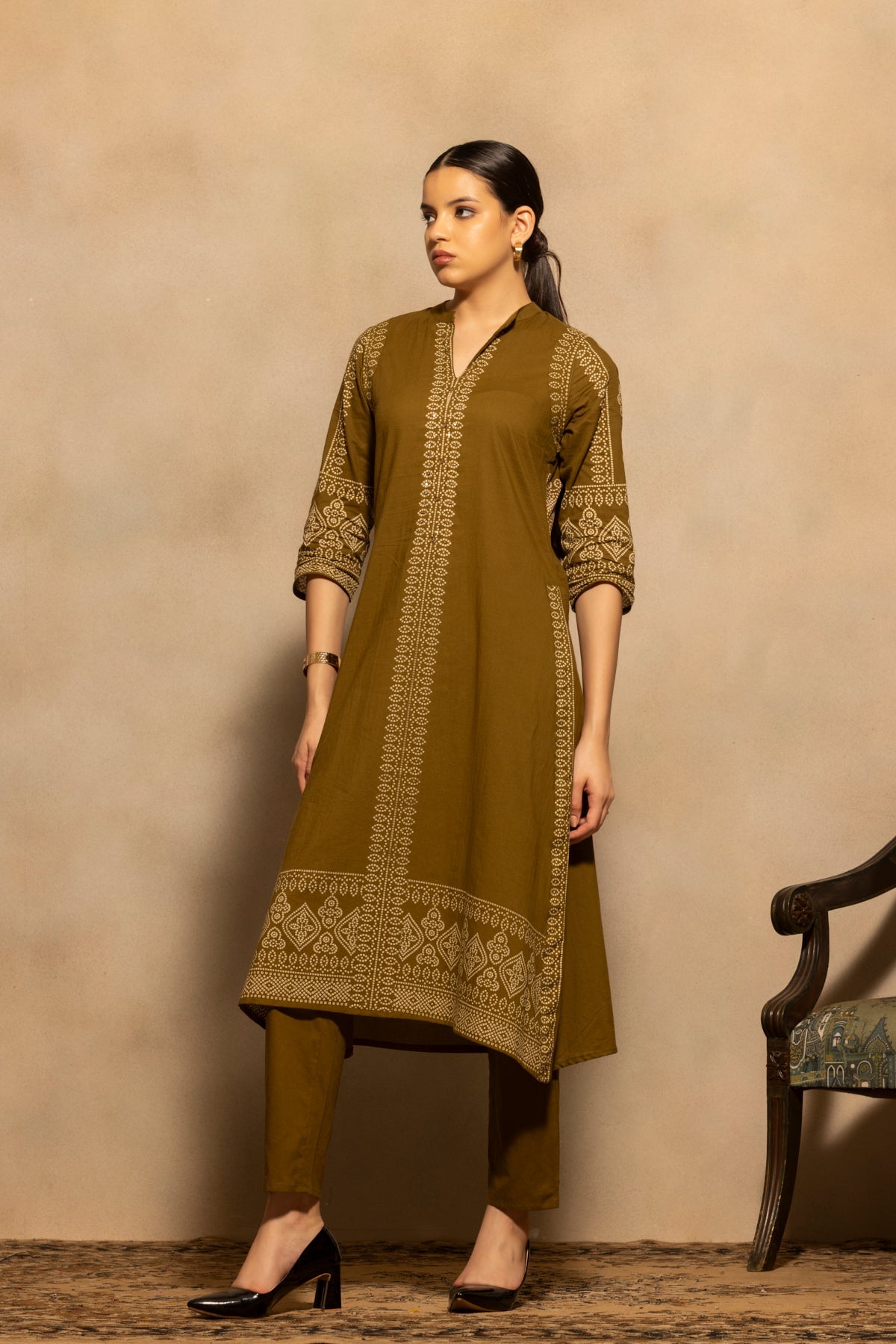 Green Bandhani Printed A-line Kurta 3 Pcs Set