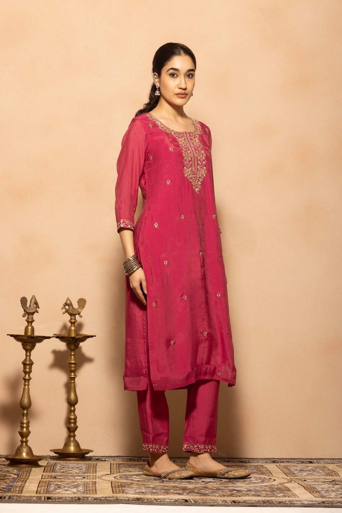 Pink Stone Embroidered Kurta 3 Pcs Set