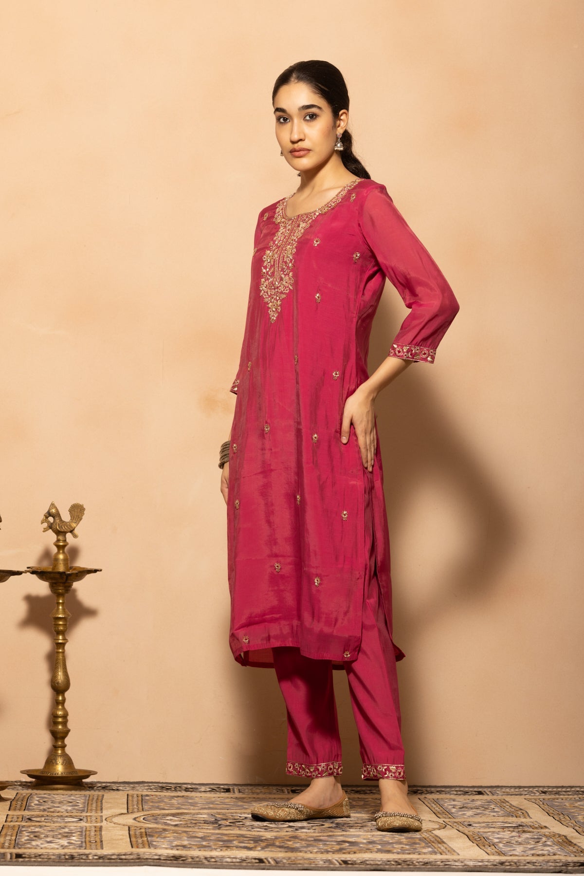 Pink Stone Embroidered Kurta 3 Pcs Set