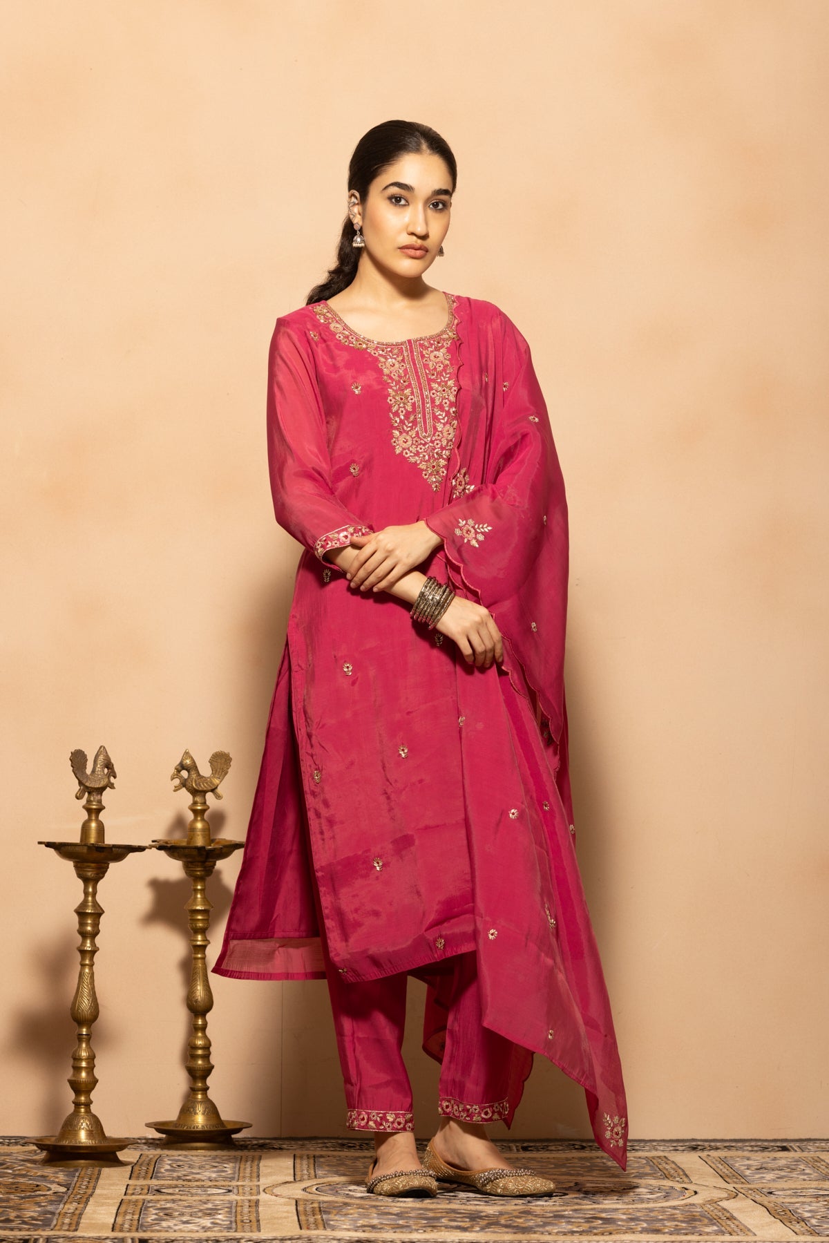Pink Stone Embroidered Kurta 3 Pcs Set