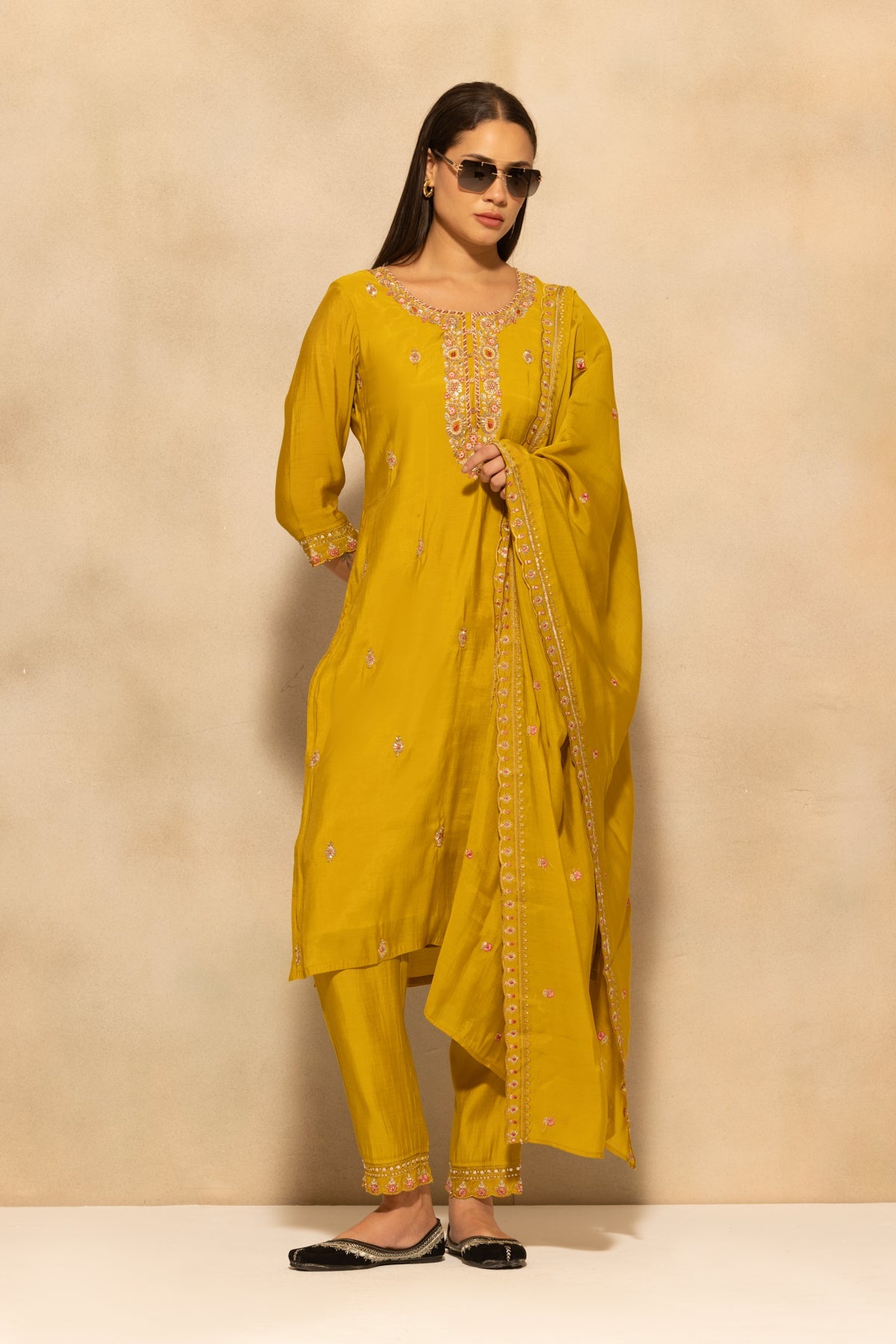 Green Stone Embroidered Kurta 3 Pcs Set