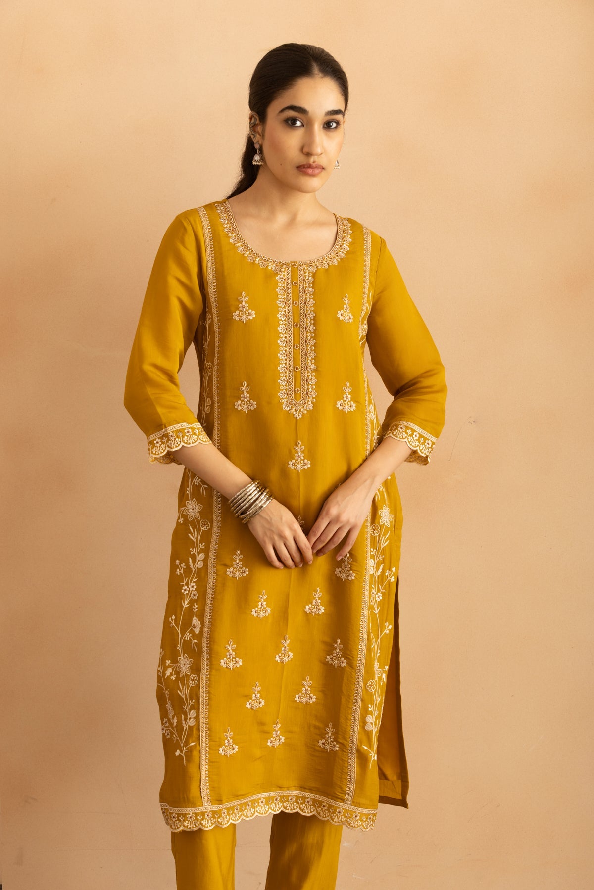 Mustard Stone Embroidered Kurta 3 Pcs Set