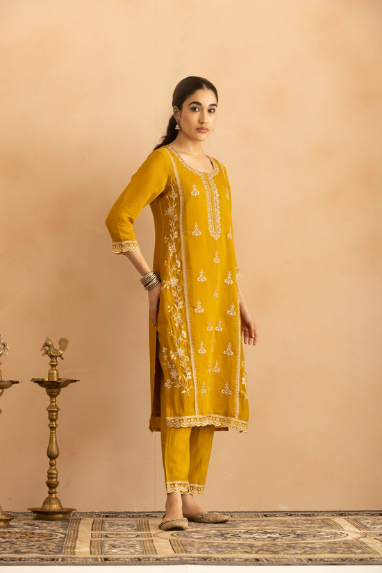 Mustard Stone Embroidered Kurta 3 Pcs Set